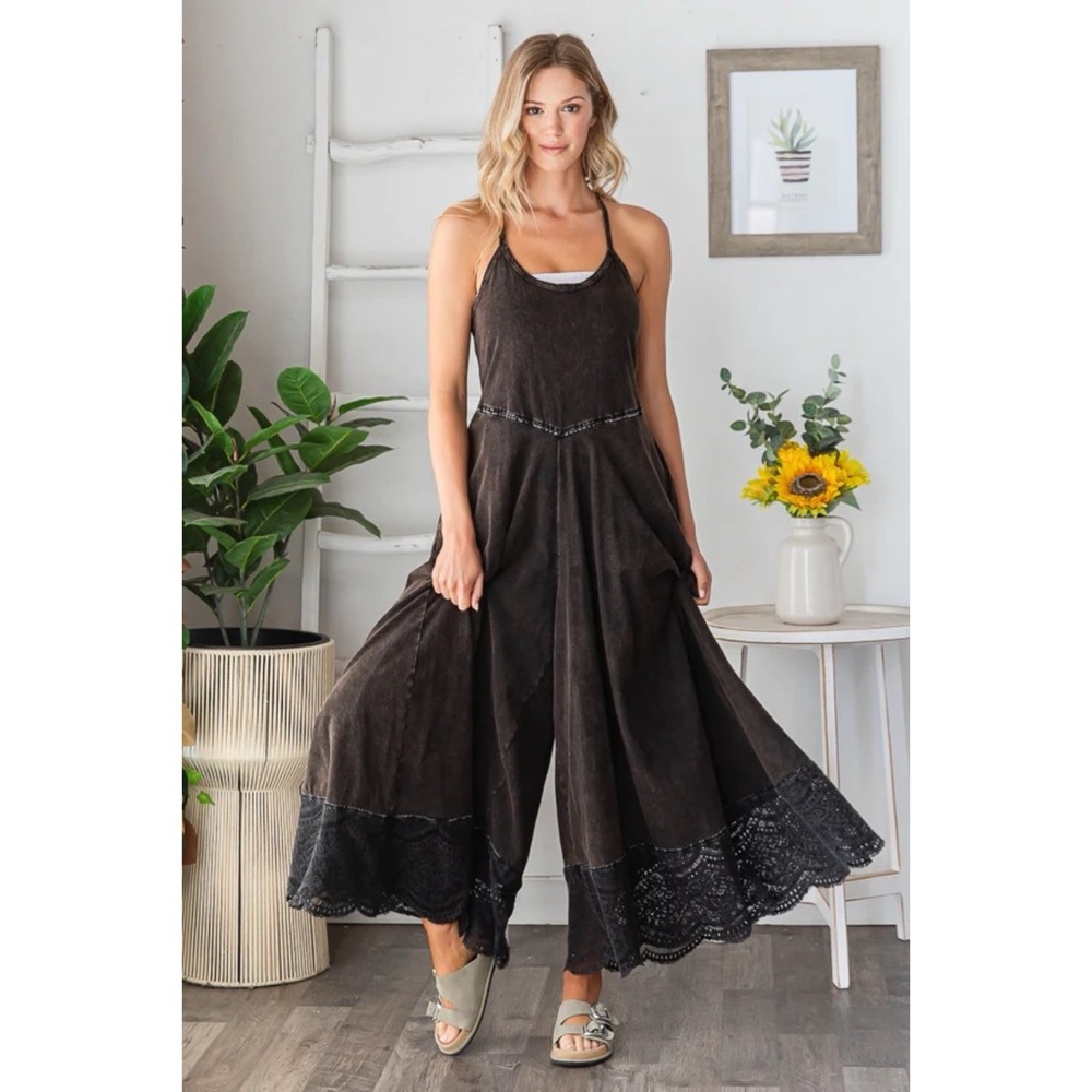 Oli & Hali Black Jumpsuit | Wide Leg, Lace Trim | Coastal Chic - Picture 6 of 8